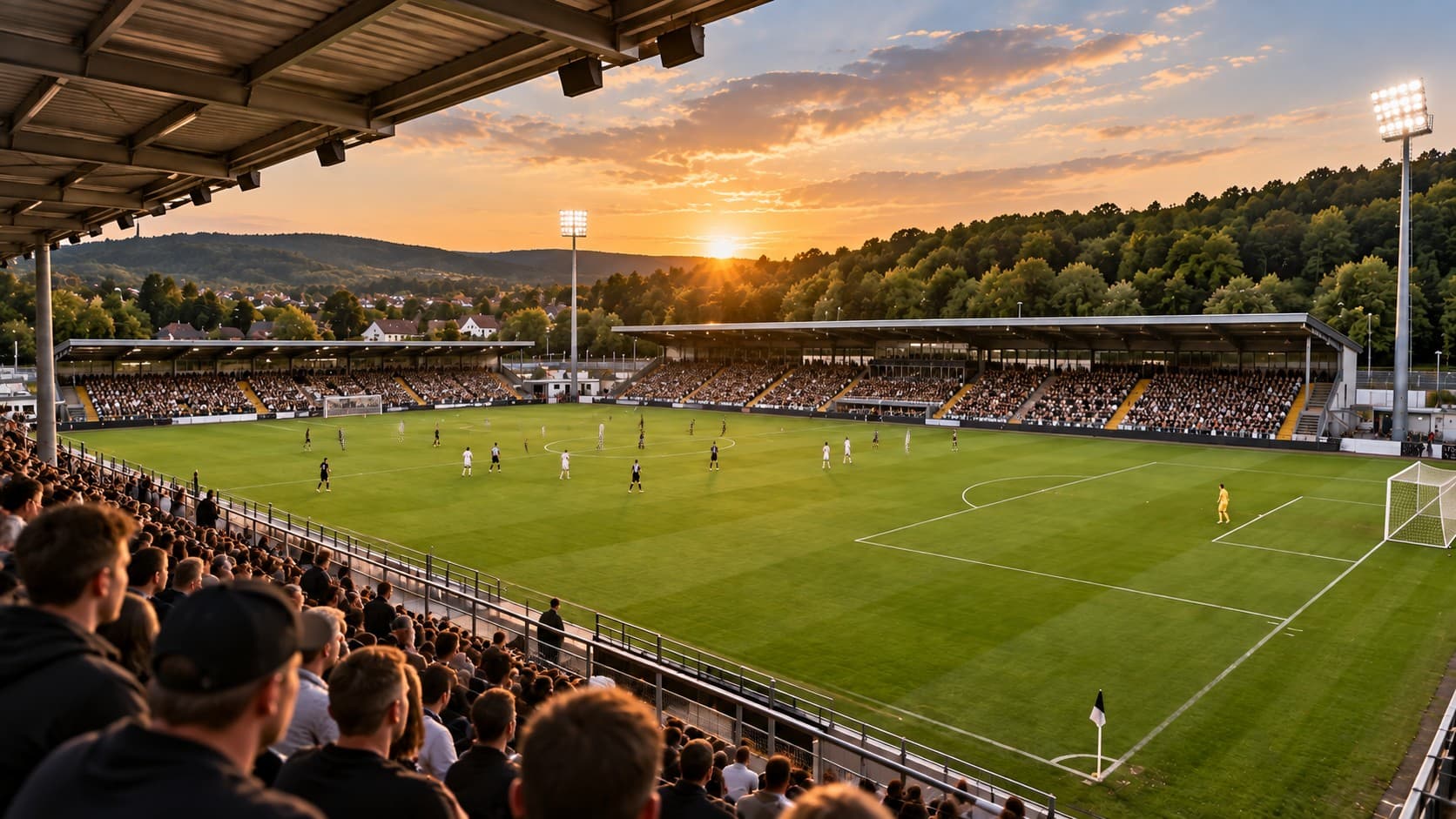 AI-generated illustration of a matchday inside a compact football stadium in Elversberg
